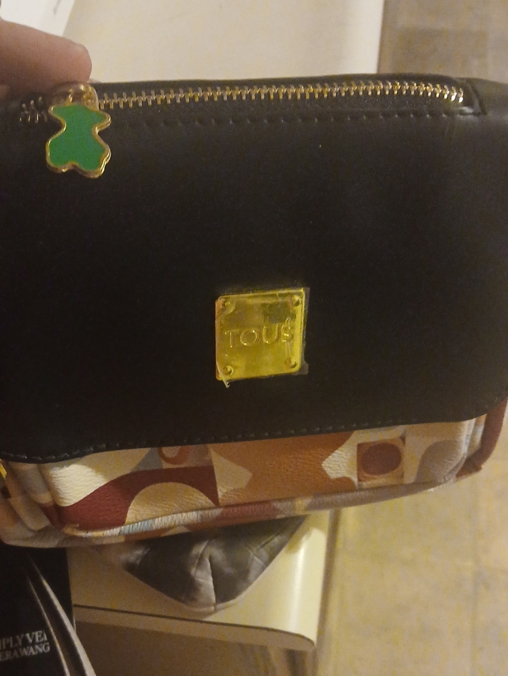 TOUS Black Leather Top Multicolor Pattern Crossbody with Green Bear Charm